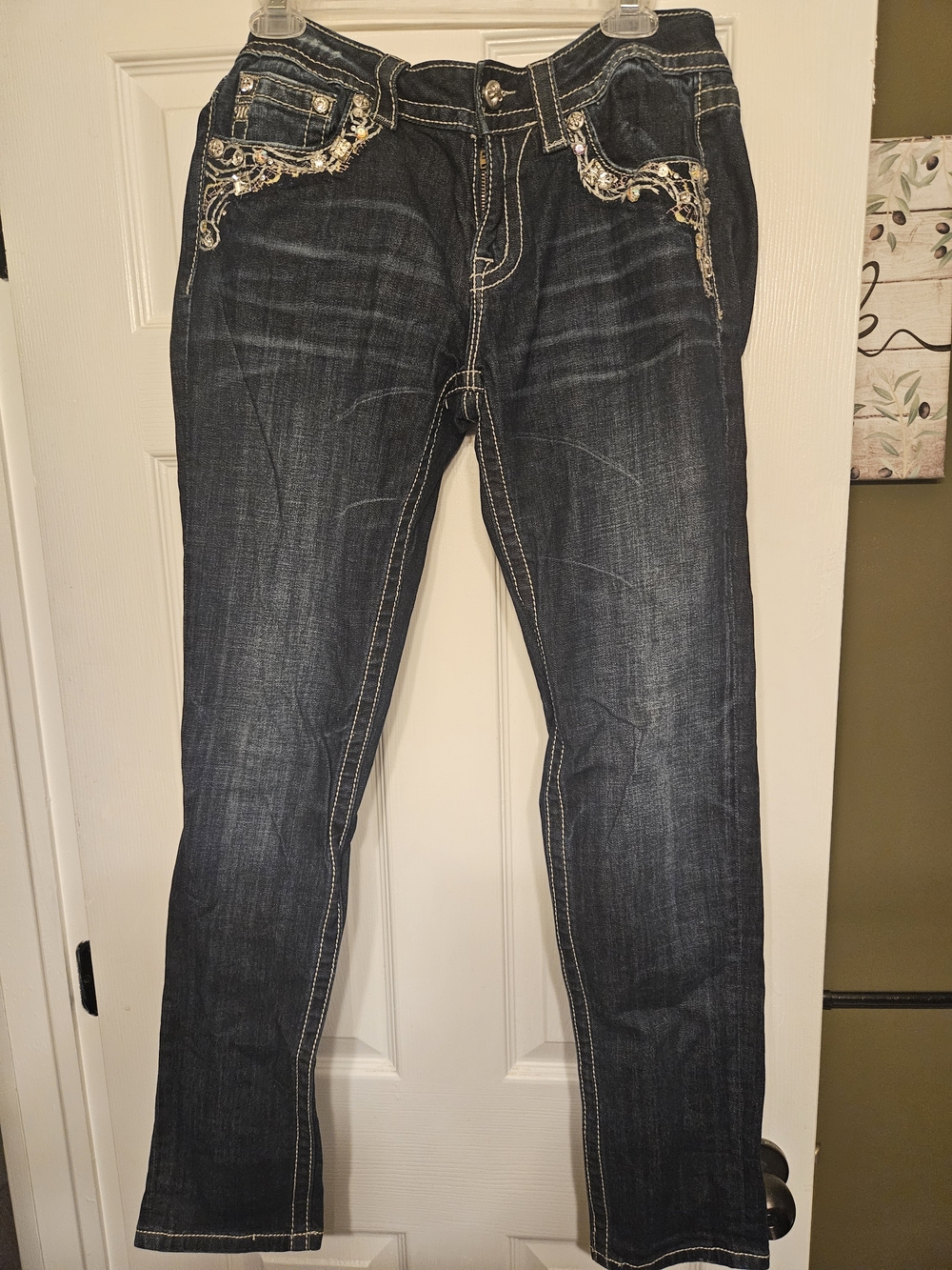 Miss Me Dark Denim Skinny Leg Jeans with Embellished Pockets